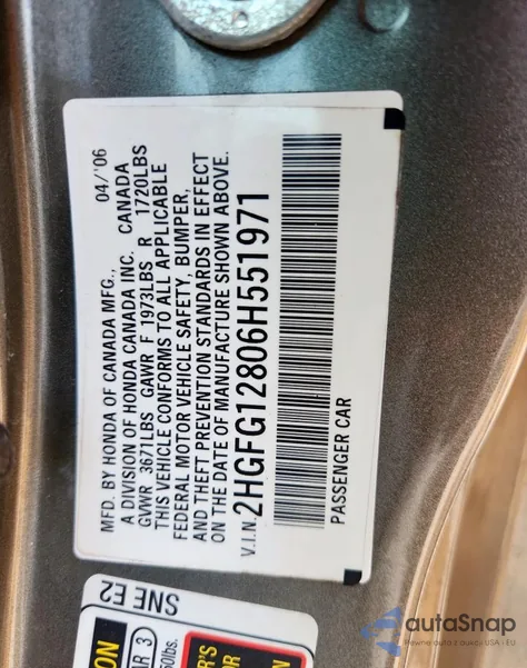 2006 Honda Civic Ex из США, поврежденный, VIN 2HGFG12806H551971